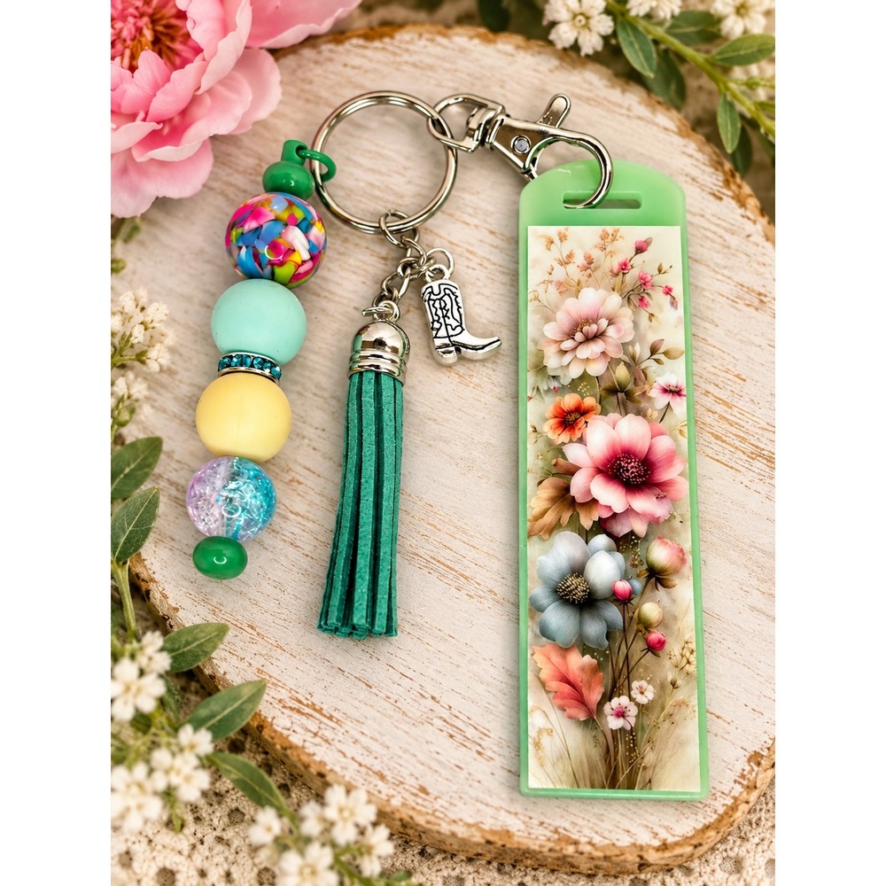 Floral Lighter Cover Keychain with Beads Tassel and Cowboy Boot Charm Green 13